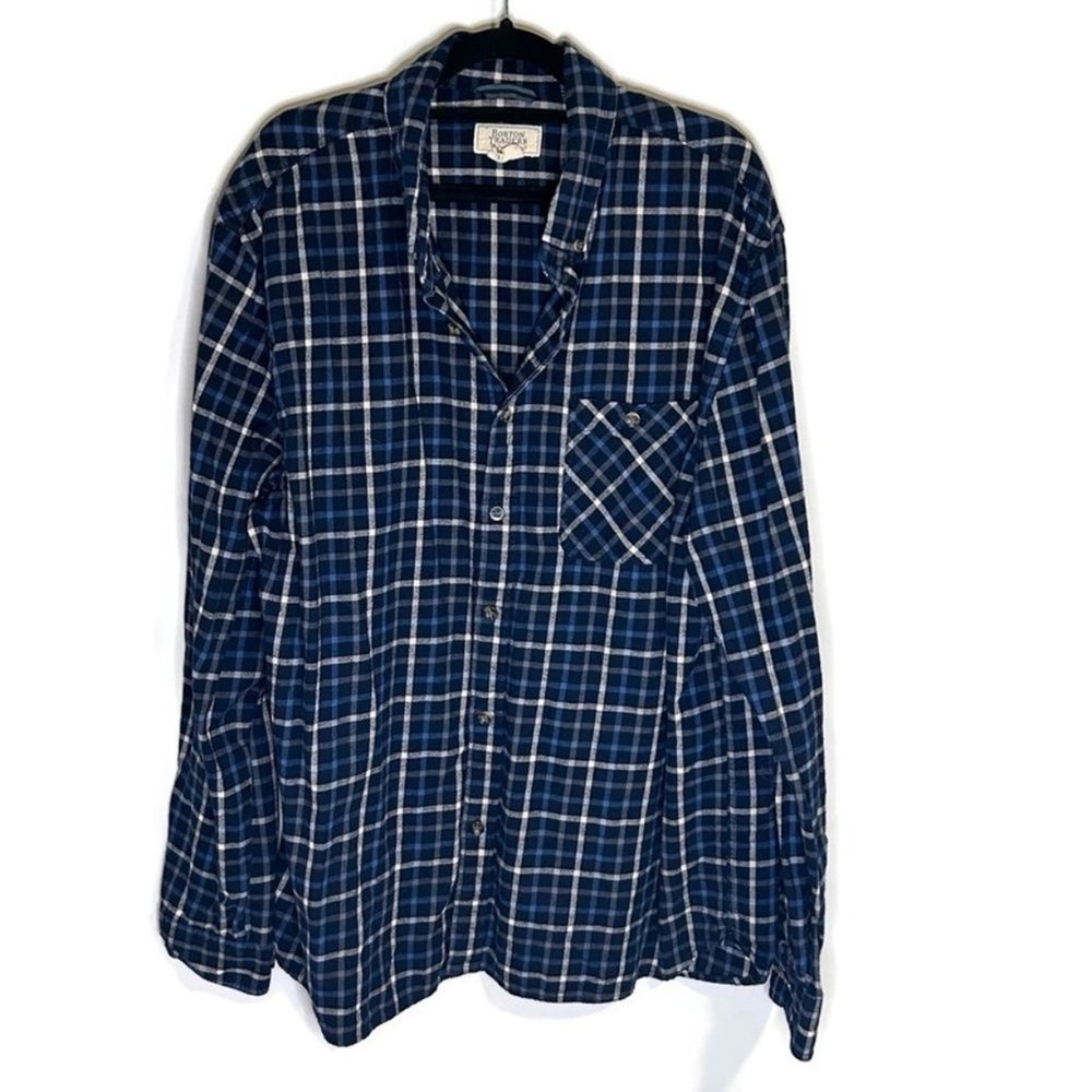 Boston Traders Mens XXL Blue White Plaid Long Sleeve Button Down Flannel Shirt
